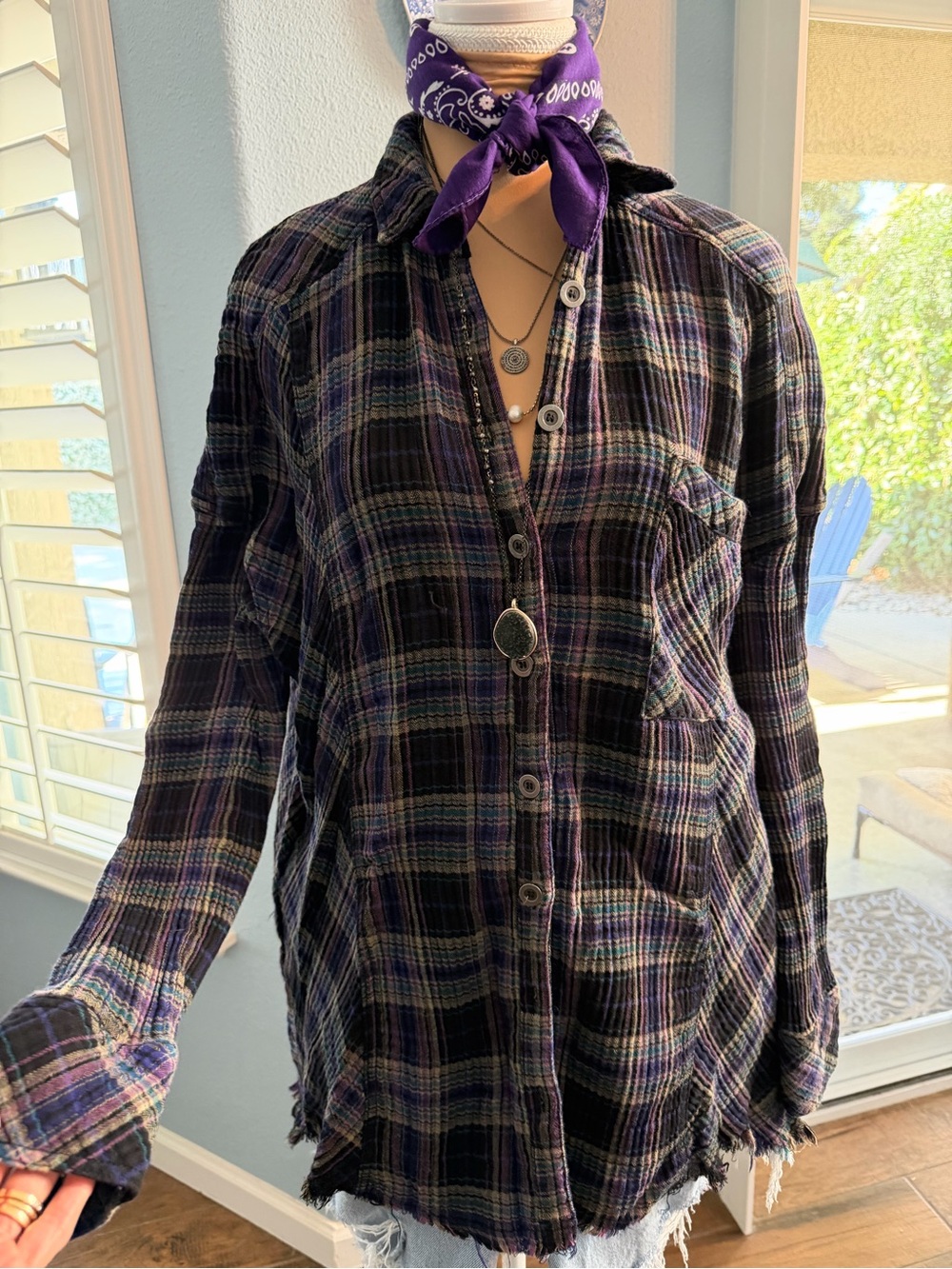 Free People Purple Plaid Button-Up Shirt